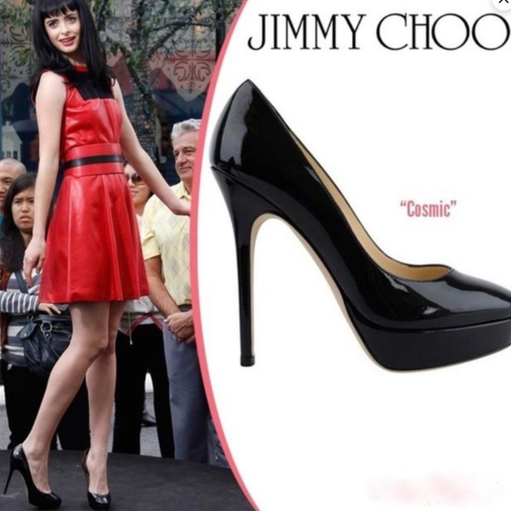 Auth. Jimmy Choo Cosmic Pump Black Patent Leather Platform High Heel 38 1/2